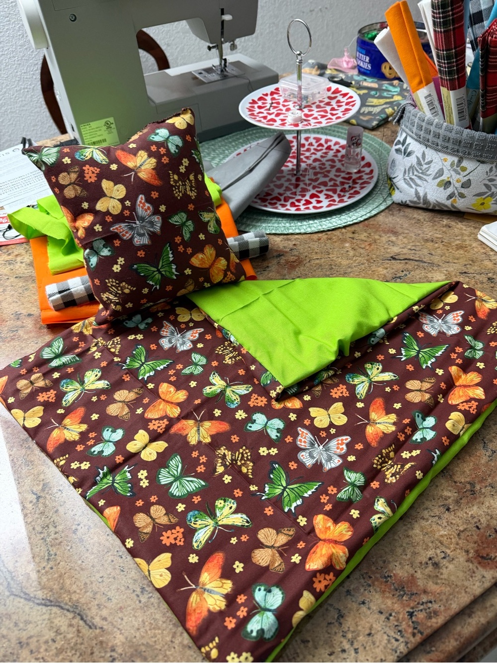 Handmade Butterfly Print Reversible Mat and Pillow - Green & Brown